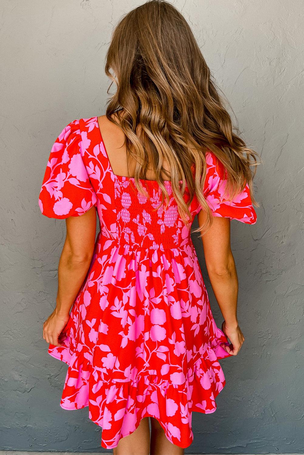 Robe Mini Imprimée Fleurs Volants pour Femmes