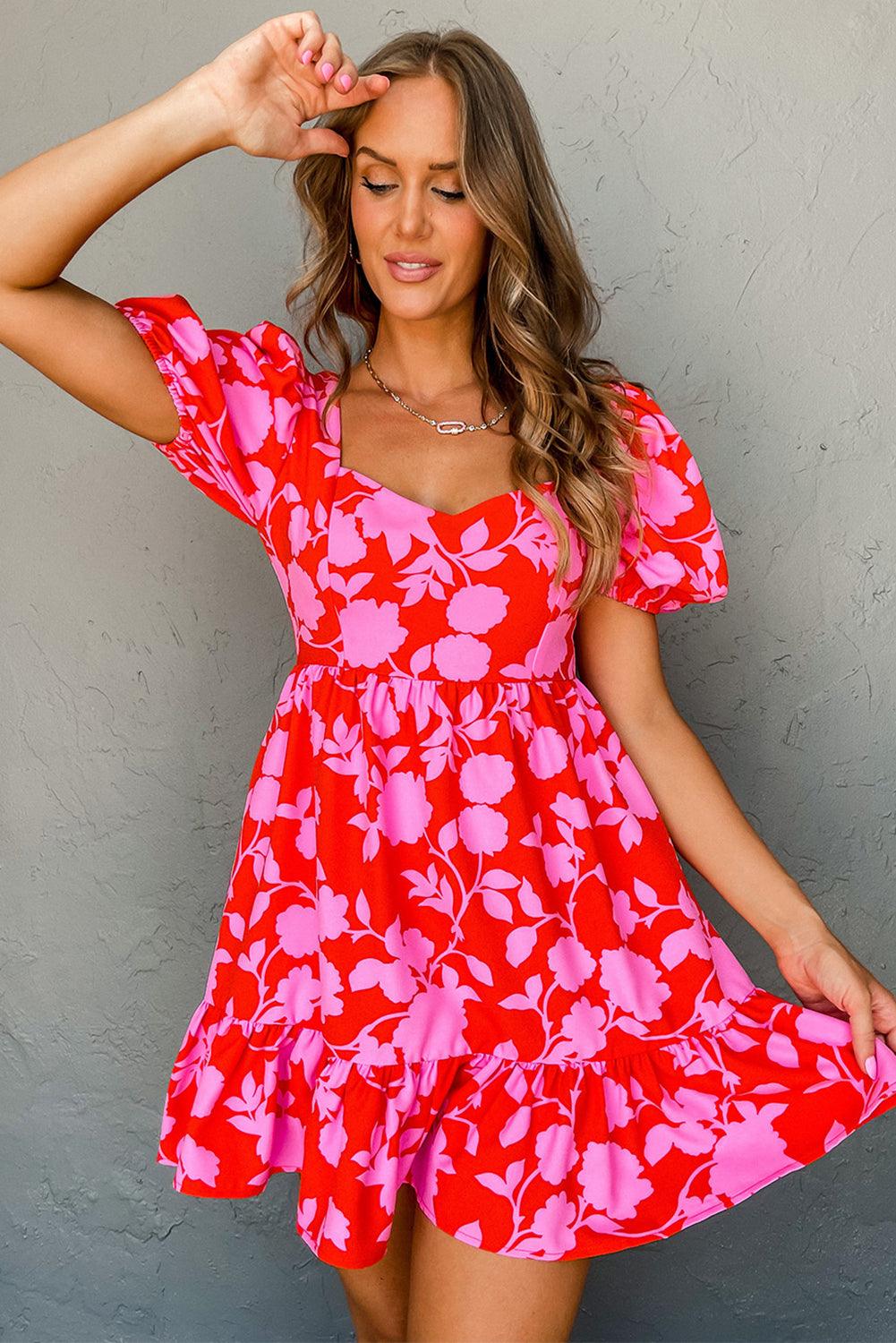 Robe Mini Imprimée Fleurs Volants pour Femmes