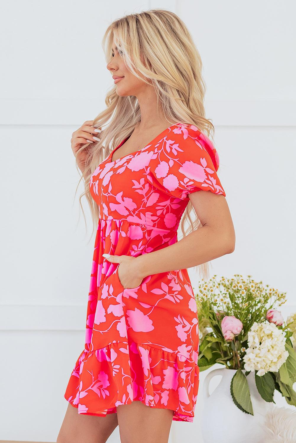 Robe Mini Imprimée Fleurs Volants pour Femmes