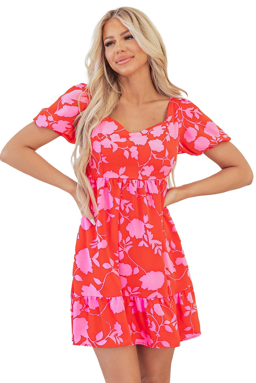 Robe Mini Imprimée Fleurs Volants pour Femmes