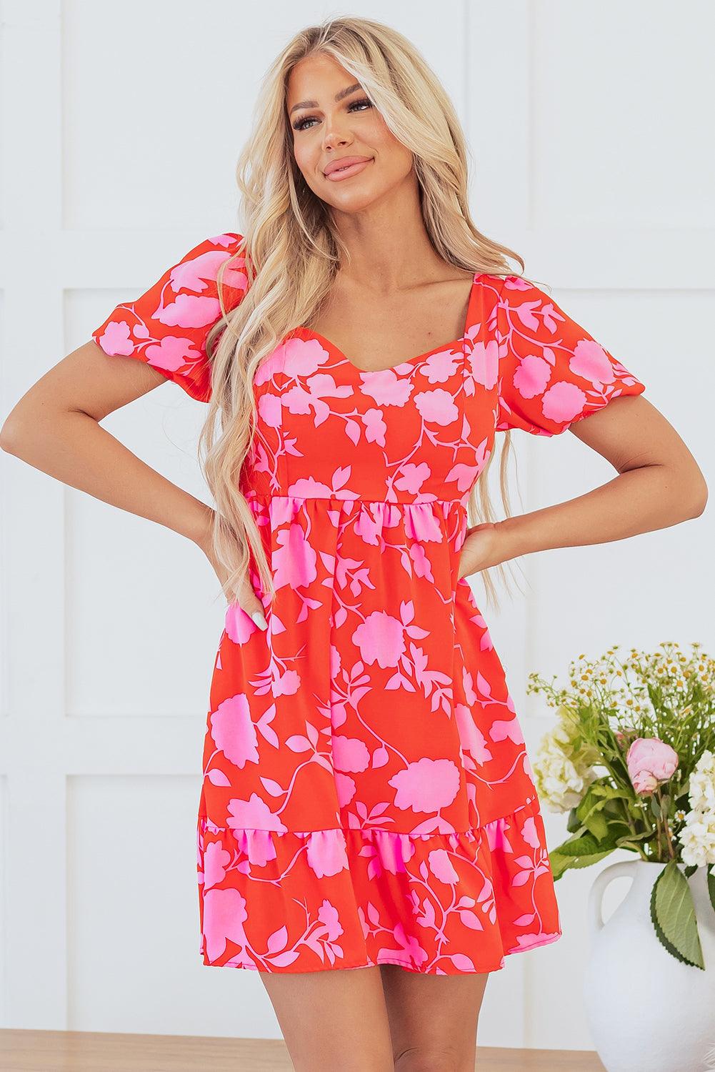 Robe Mini Imprimée Fleurs Volants pour Femmes