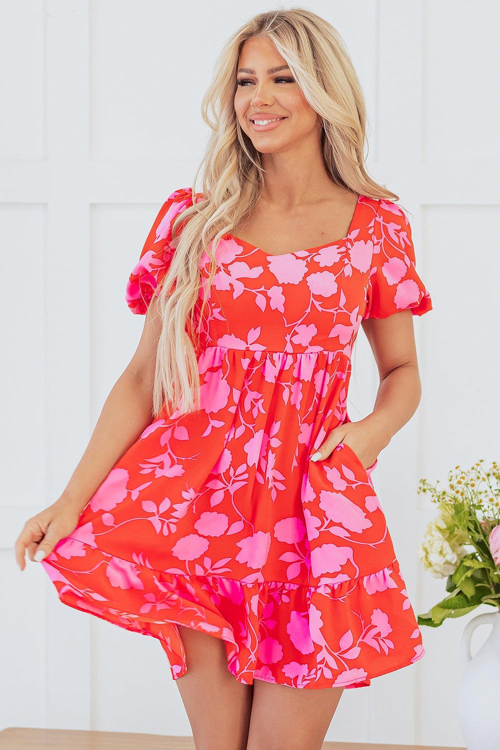 Robe Mini Imprimée Fleurs Volants pour Femmes