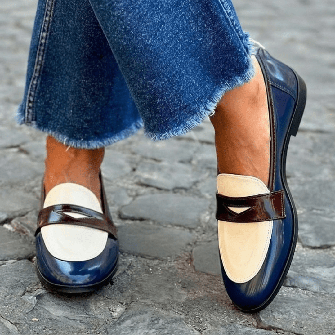 Mocassin Bicolore Penny Loafer en Simili Cuir Vernis pour Femme - Emilia Lane