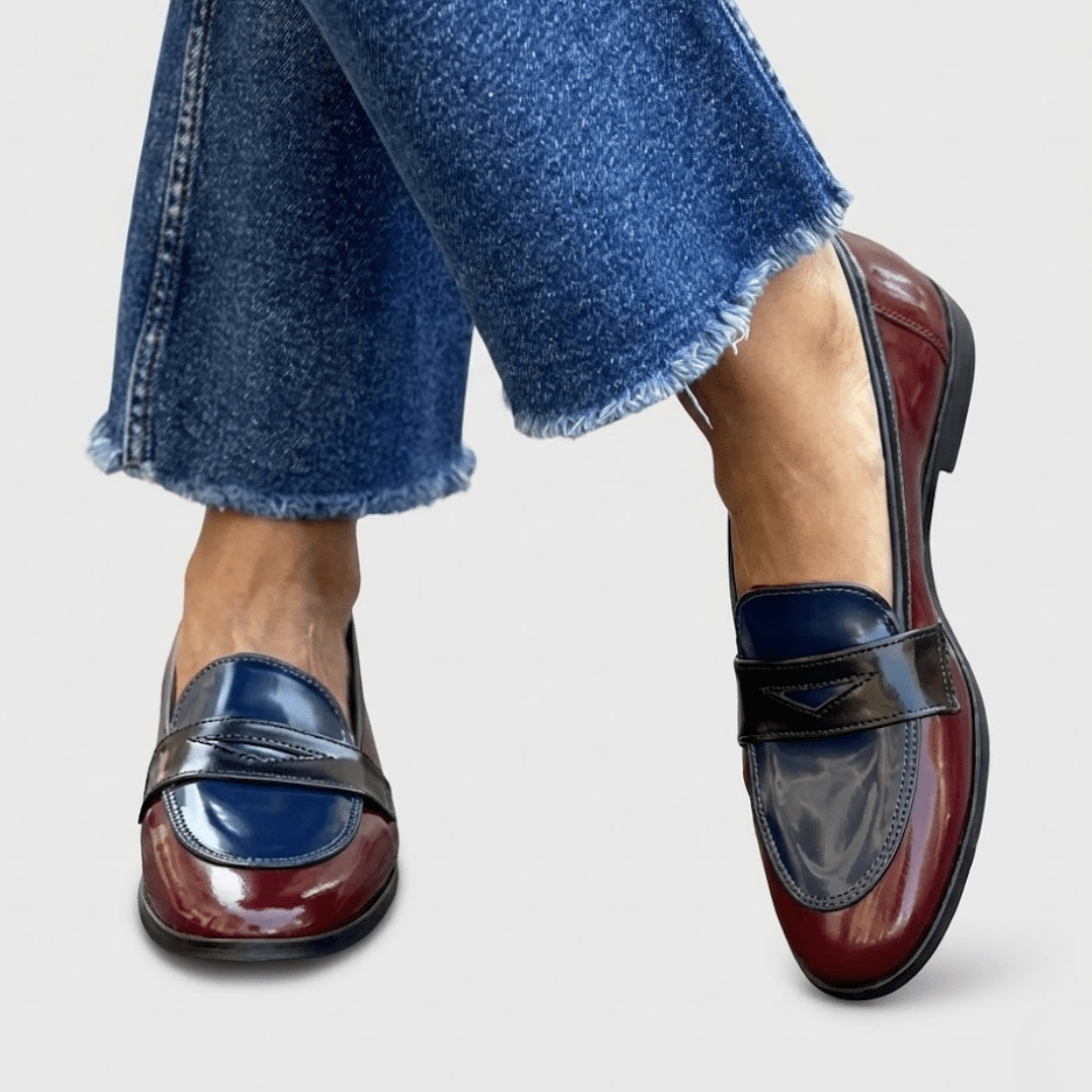 Mocassin Bicolore Penny Loafer en Simili Cuir Vernis pour Femme