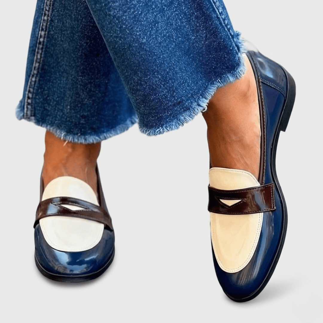 Mocassin Bicolore Penny Loafer en Simili Cuir Vernis pour Femme