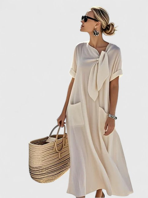 Robe longue à manches courtes avec nœud et poches pour femmes