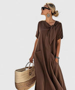 Robe longue à manches courtes avec nœud et poches pour femmes