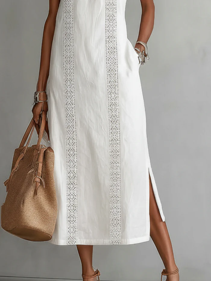 Robe Midi Femme Col Mandarin en Lin et Coton
