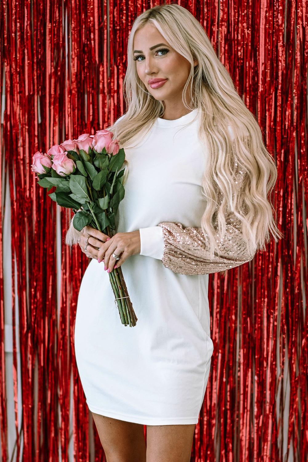 Robe Mini à Manches Bouffantes et Paillettes pour Femmes