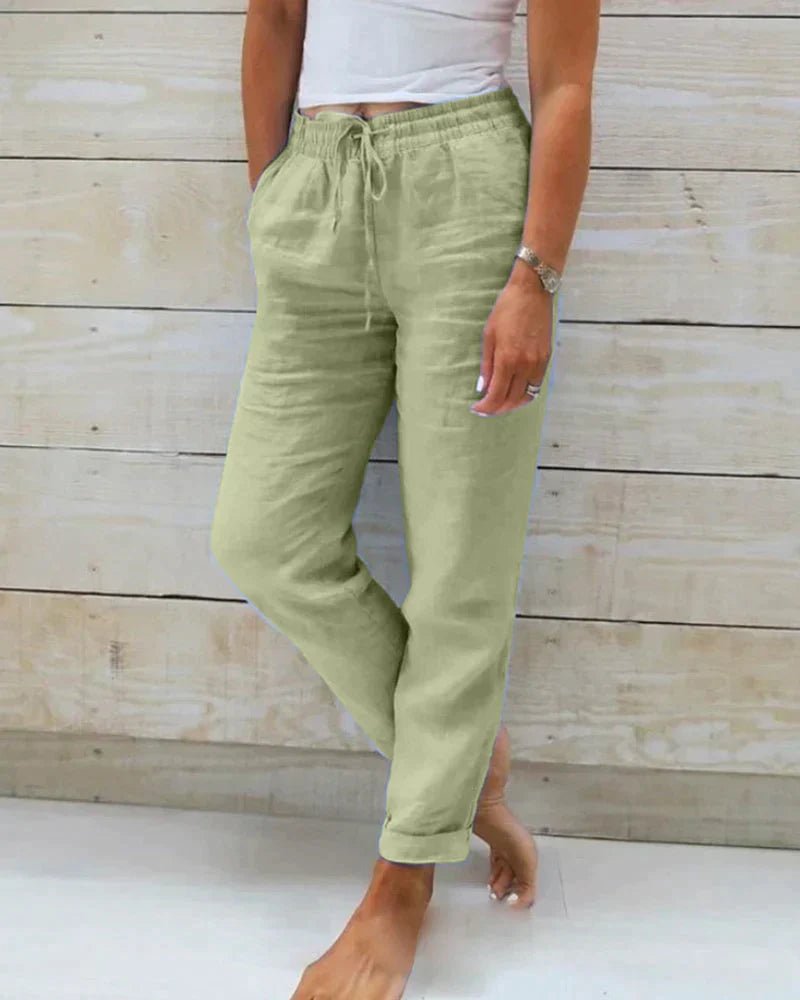 Pantalon Décontracté Taille Haute en Coton et Lin pour Femme - Emilia Lane