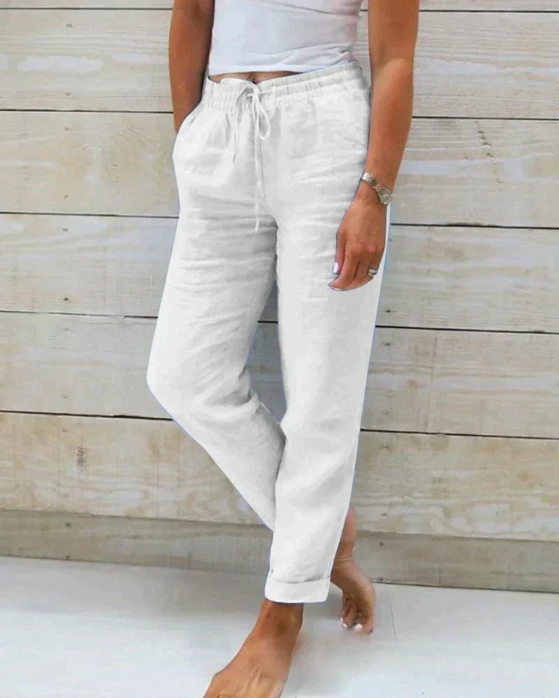 Pantalon Décontracté Taille Haute en Coton et Lin pour Femme - Emilia Lane