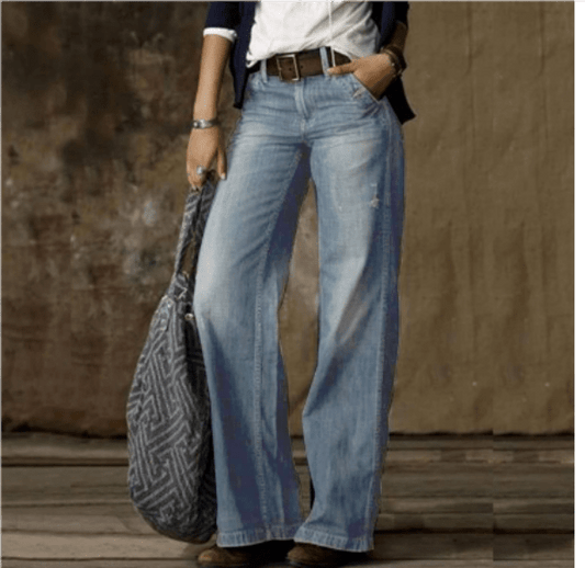Pantalon en Jean Large et Délavé à Taille Mi-Haute pour Femme - Emilia Lane