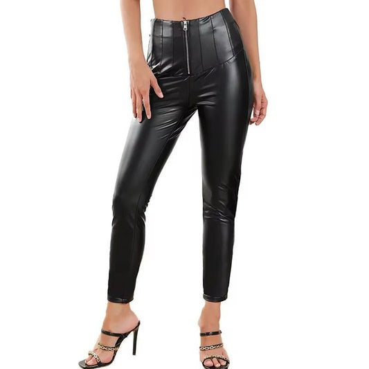 Pantalon Taille Haute Moulant en Simili Cuir avec Zip pour Femme - Emilia Lane