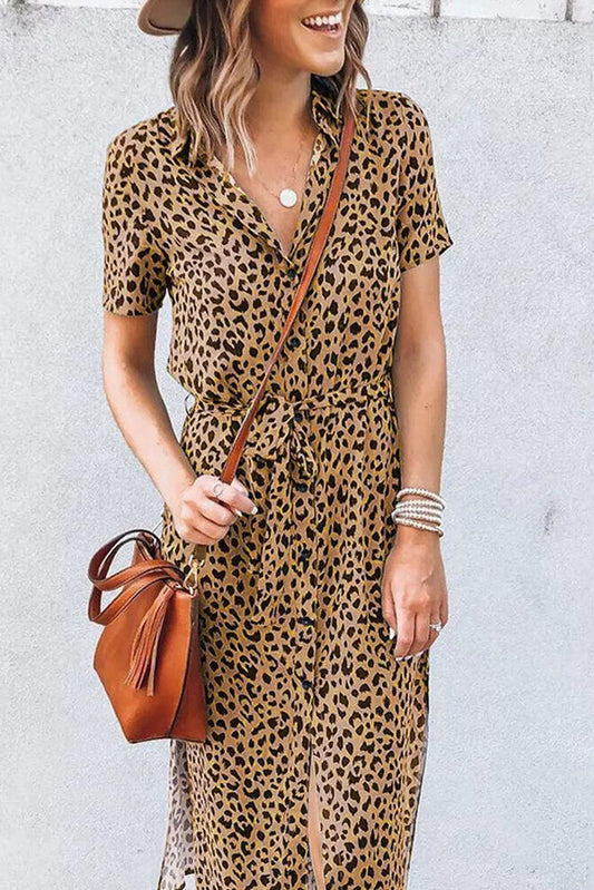 Robe Midi à Col en Imprimé Léopard
