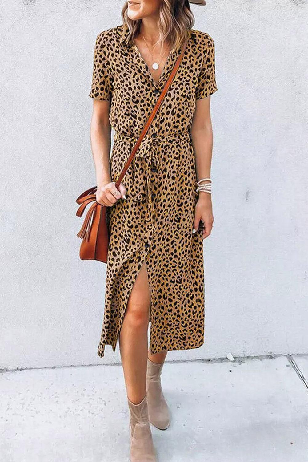 Robe Midi à Col en Imprimé Léopard