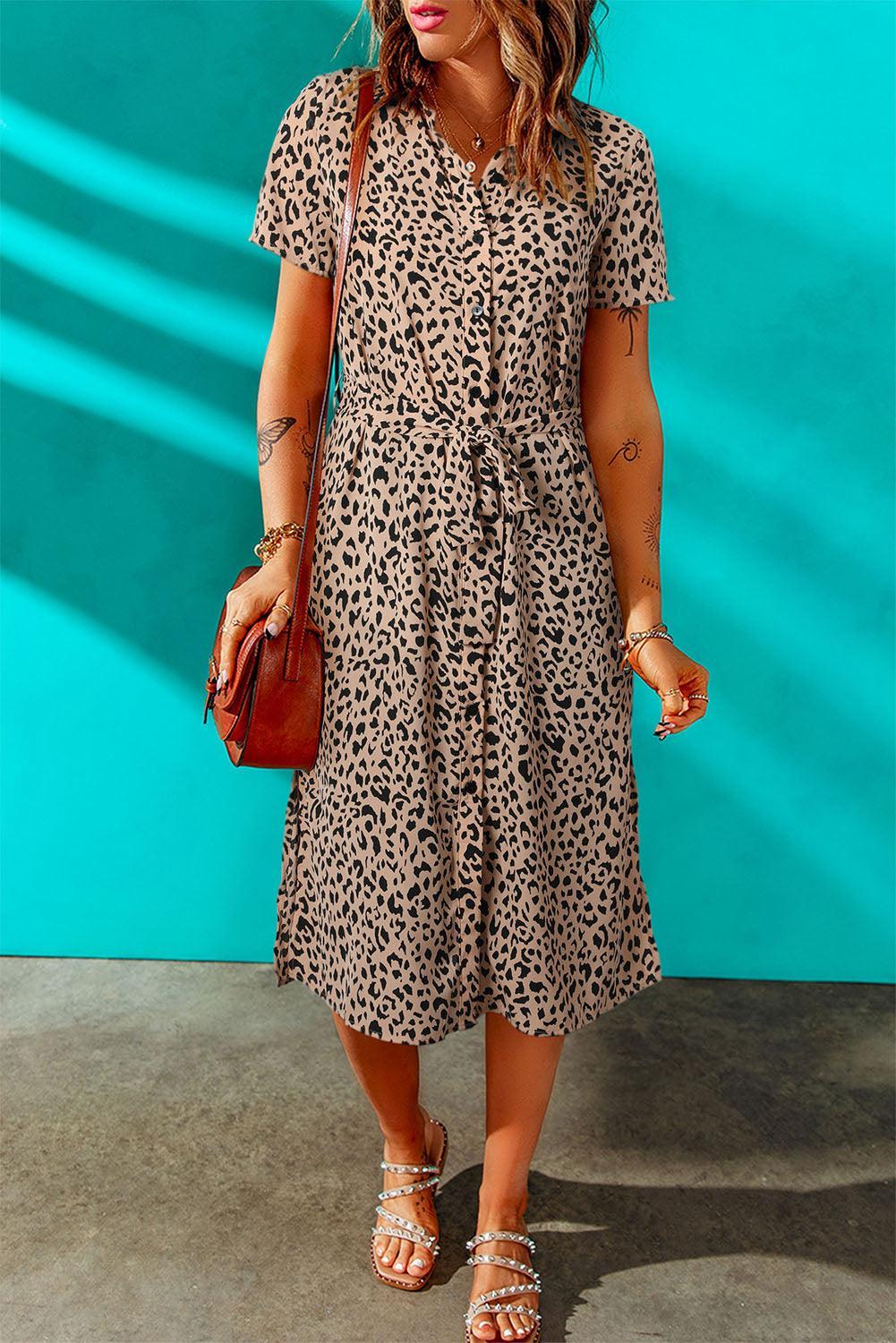 Robe Midi à Col en Imprimé Léopard