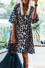 Robe Chemise Imprimé Léopard à Manches Bouffantes