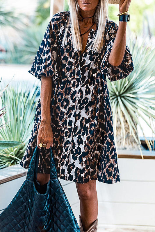 Robe Chemise Imprimé Léopard à Manches Bouffantes