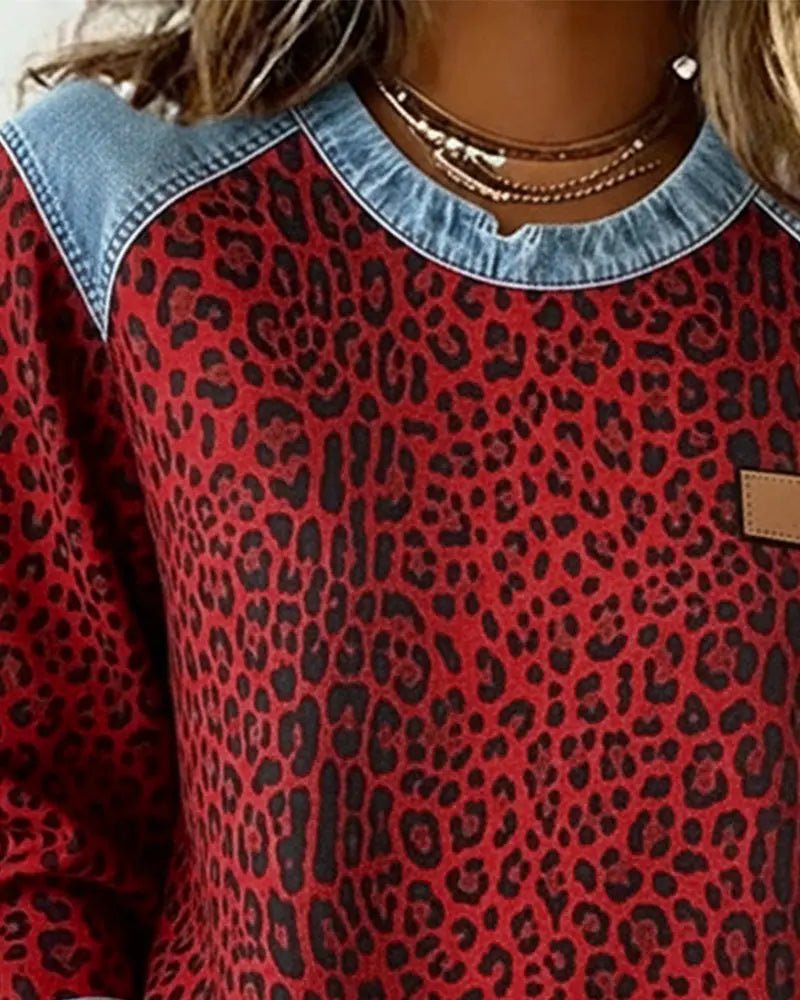 Pull patchwork en denim à imprimé léopard pour femmes - Emilia Lane