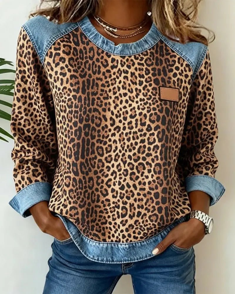 Pull patchwork en denim à imprimé léopard pour femmes - Emilia Lane