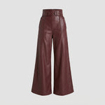 Pantalon Large Taille Haute en Simili Cuir avec Ceinture pour Femme