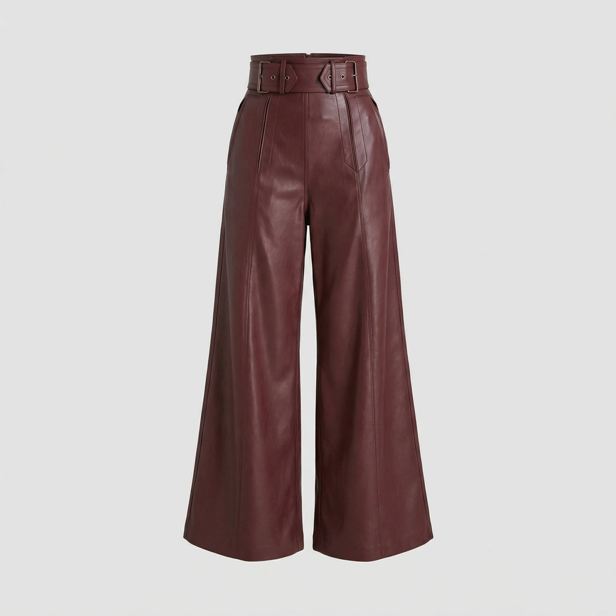 Pantalon Large Taille Haute en Simili Cuir avec Ceinture pour Femme