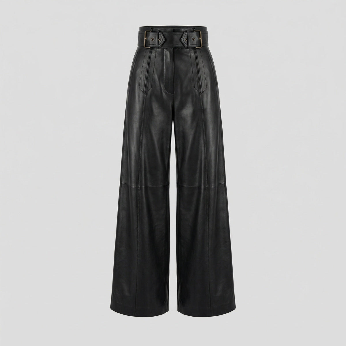 Pantalon Large Taille Haute en Simili Cuir avec Ceinture pour Femme