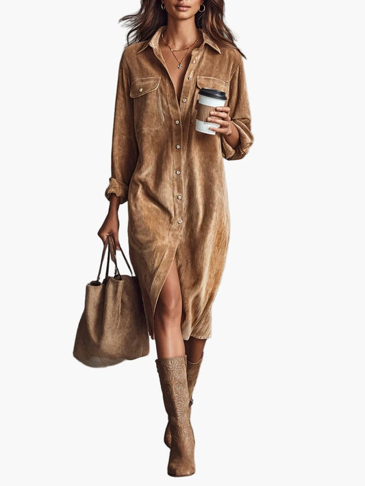 Robe Chemise en Velours Côtelé Mi - Longue pour Femme | Idéale pour le Quotidien - Emilia Lane