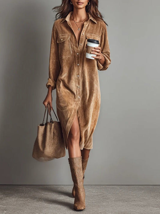 Robe Chemise Femme Midi Droite à Manches Longues en Velours Côtelé - Emilia Lane
