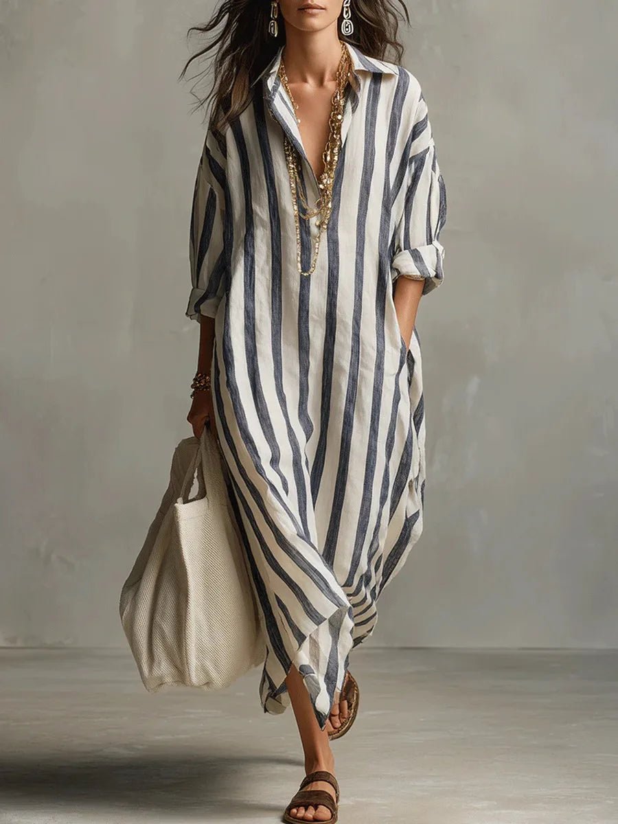 Robe Chemise Longue Femme à Rayures en Lin Mélangé Coupe Ample avec Poches