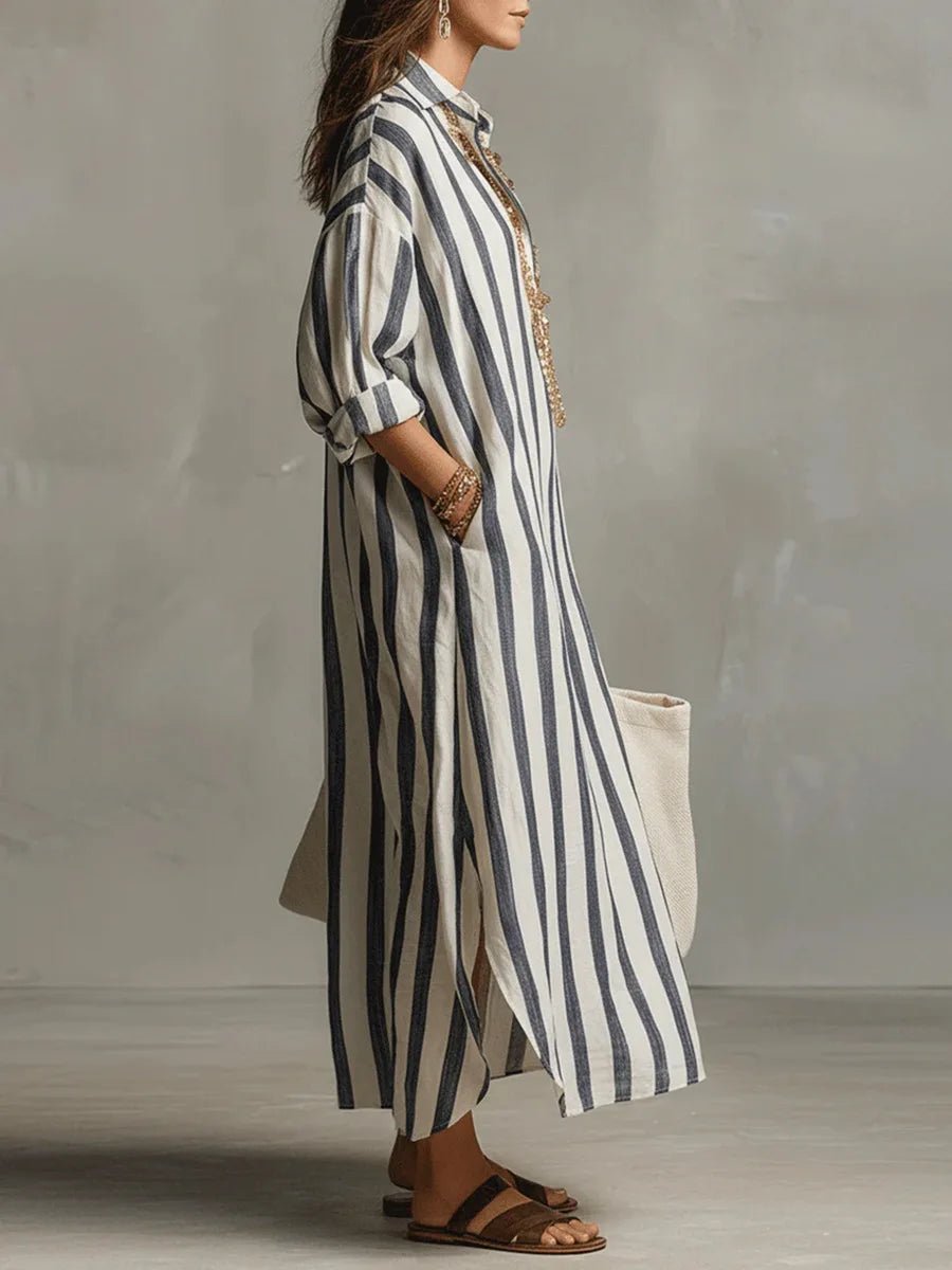 Robe Chemise Longue Femme à Rayures en Lin Mélangé Coupe Ample avec Poches