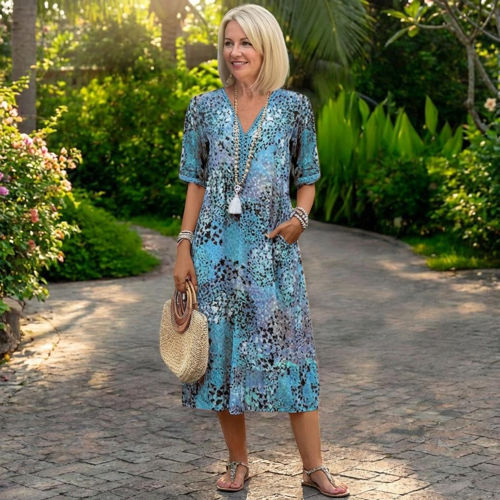 Robe Longue à Manches Courtes et Encolure en V pour Femme | Idéale pour l'Été