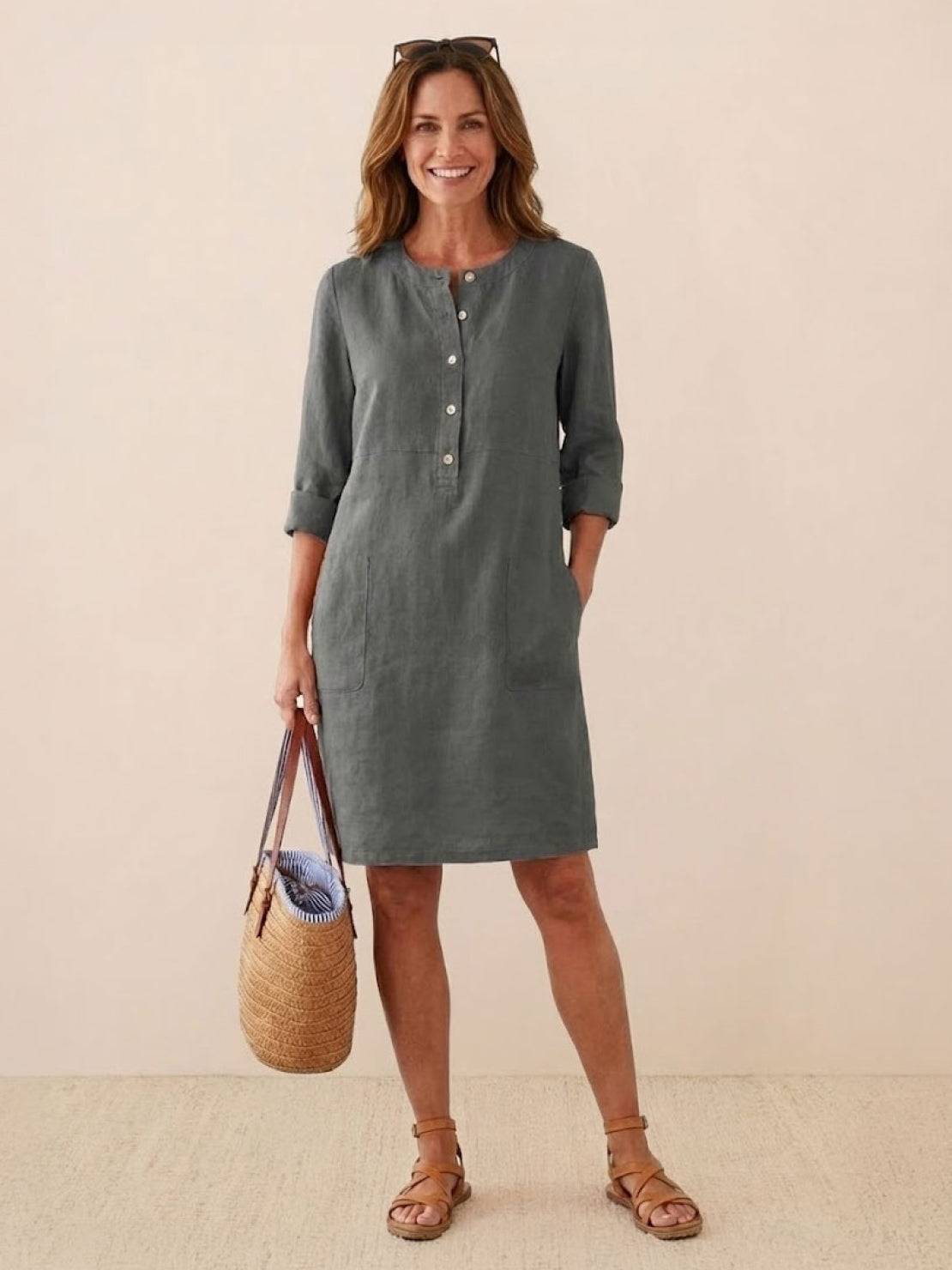 Robe Droite Femme en Lin et Coton avec Boutons et Poches - Emilia Lane