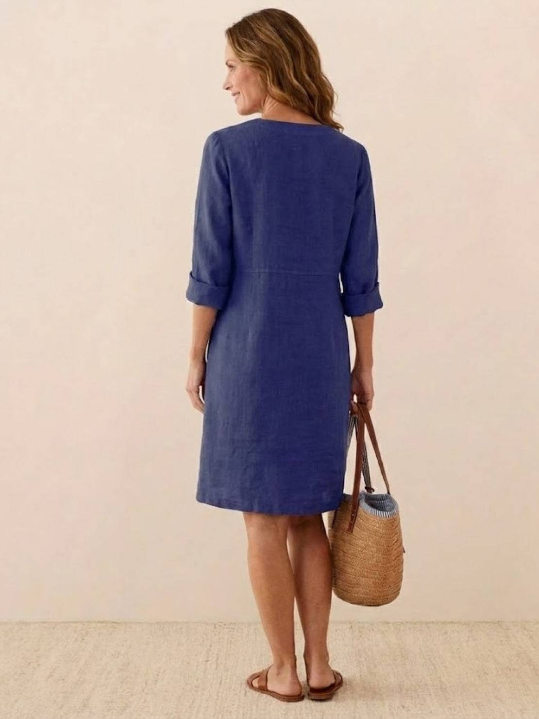 Robe Droite Femme en Lin et Coton avec Boutons et Poches - Emilia Lane