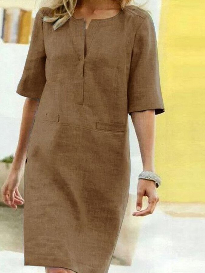 Robe Droite Midi à Encolure Fendue et Manches Mi - Longues pour Femme | Idéale pour l'Été - Emilia Lane