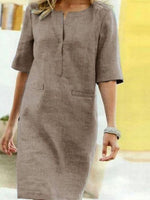Robe Droite Midi à Encolure Fendue et Manches Mi - Longues pour Femme | Idéale pour l'Été - Emilia Lane