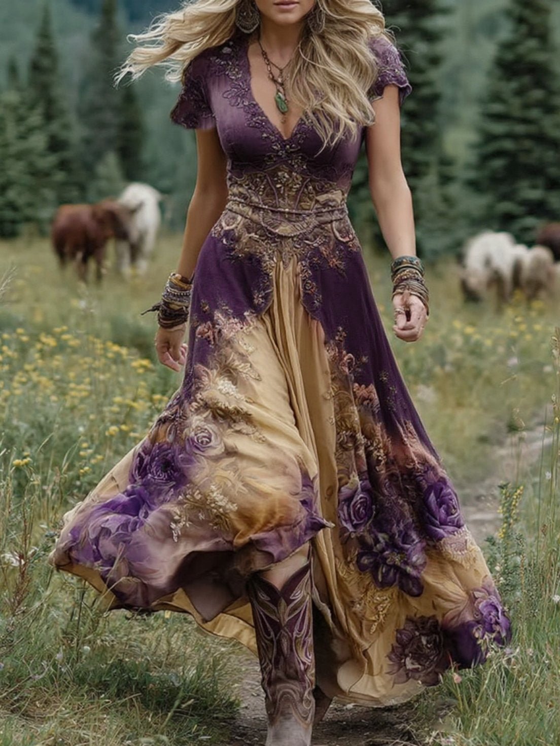 Robe Longue à Imprimé Floral et Encolure en V pour Femme | Idéale pour les Vacances - Emilia Lane