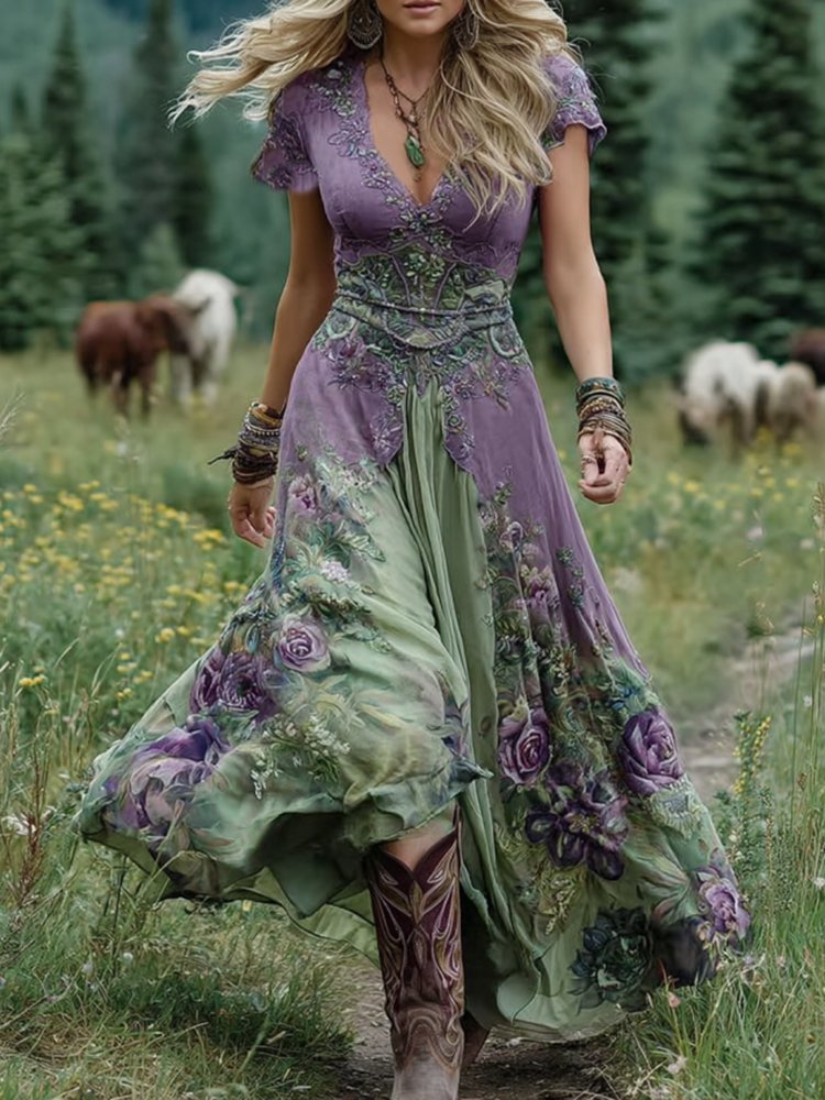 Robe Longue à Imprimé Floral et Encolure en V pour Femme | Idéale pour les Vacances - Emilia Lane
