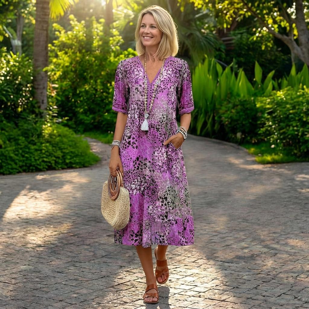 Robe Longue à Manches Courtes et Encolure en V pour Femme | Idéale pour l'Été - Emilia Lane