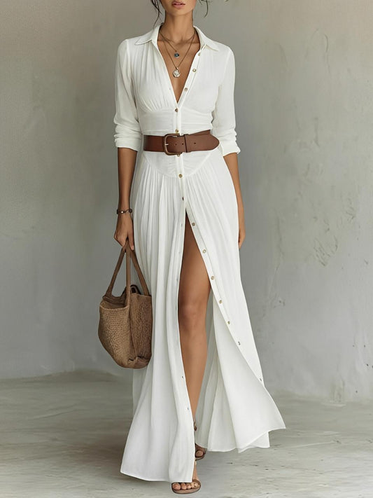 Robe Longue en Lin avec Col à Revers pour Femme | Idéale pour le Printemps - Emilia Lane