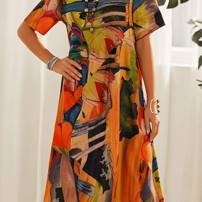 Robe Longue Imprimé Tropicaux Manches Courtes pour Femme - Emilia Lane