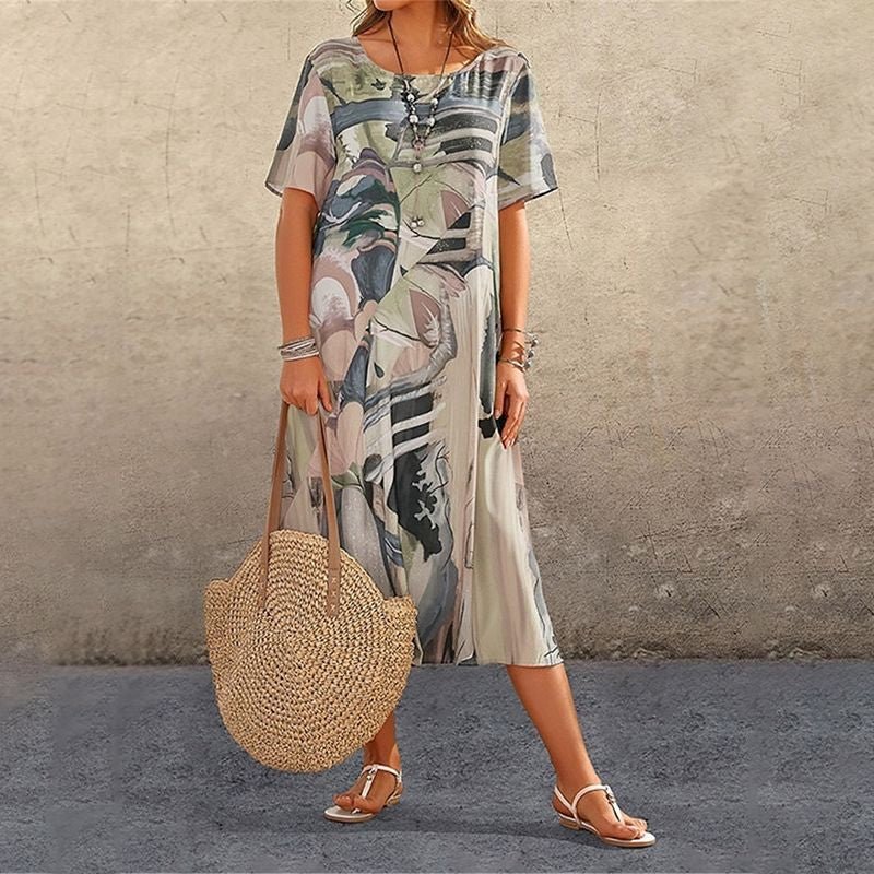 Robe Longue Imprimé Tropicaux Manches Courtes pour Femme - Emilia Lane