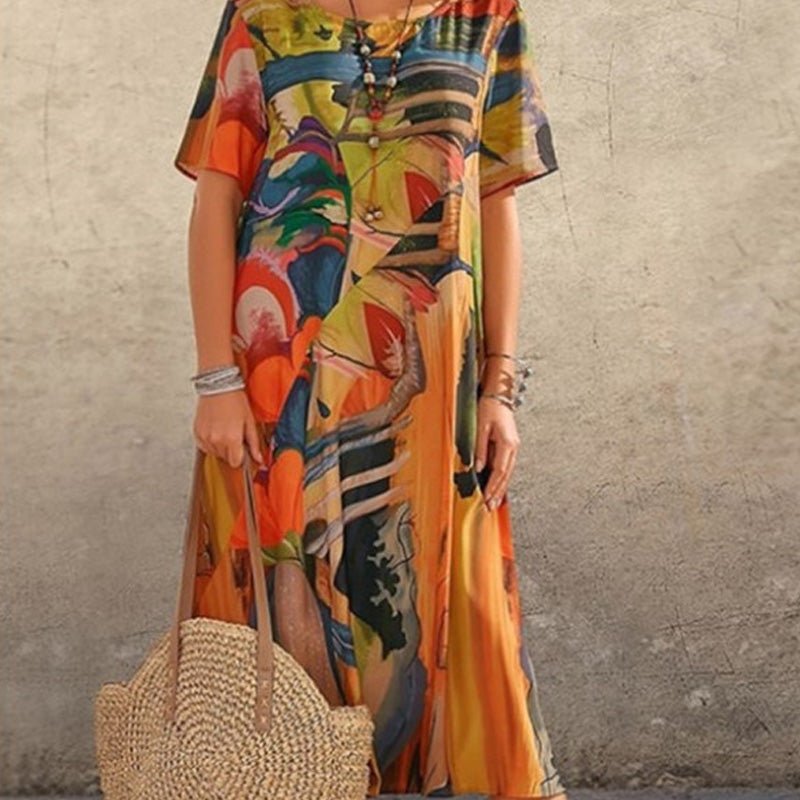 Robe Longue Imprimé Tropicaux Manches Courtes pour Femme - Emilia Lane