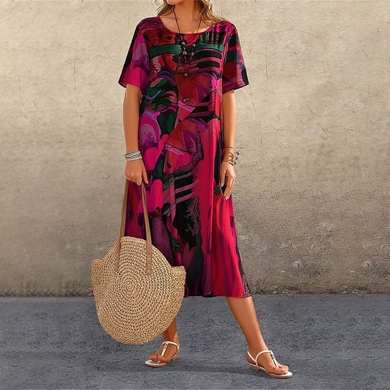 Robe Longue Imprimé Tropicaux Manches Courtes pour Femme - Emilia Lane