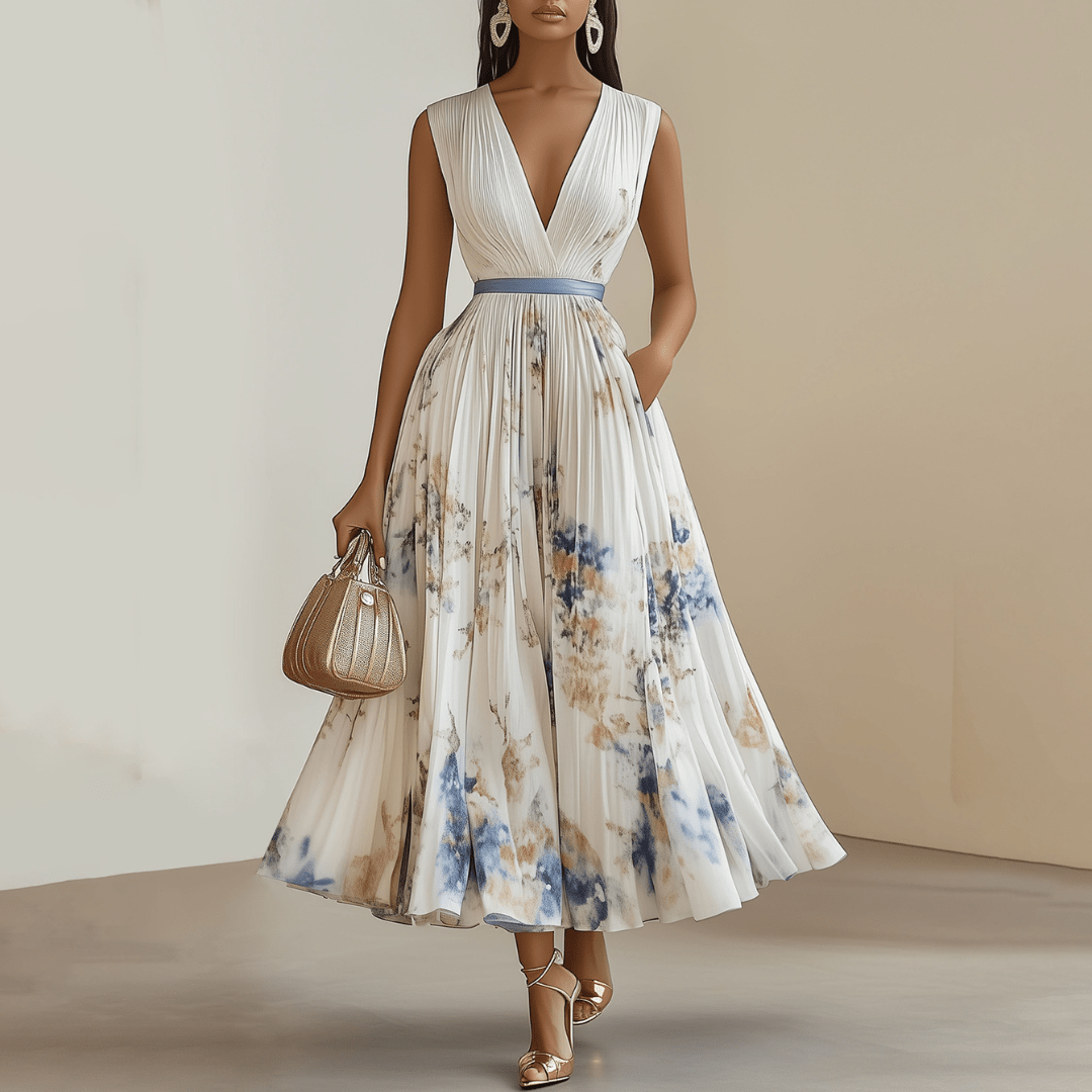 Robe longue plissée à col V pour femmes - Emilia Lane