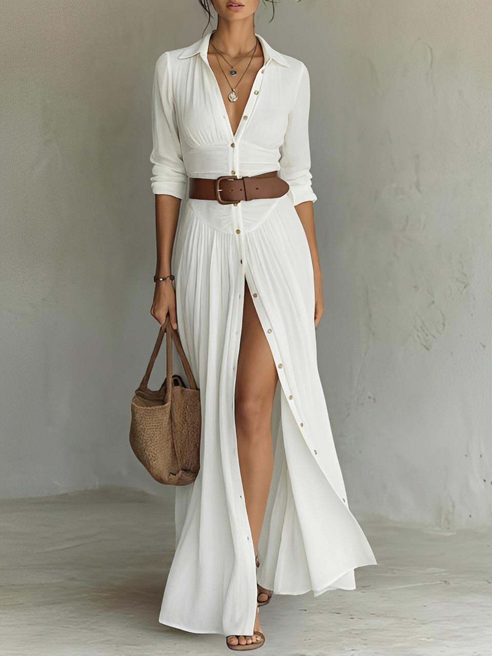 Robe Longue en Lin avec Col à Revers pour Femme | Idéale pour le Printemps