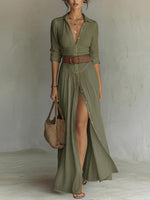 Robe Longue en Lin avec Col à Revers pour Femme | Idéale pour le Printemps