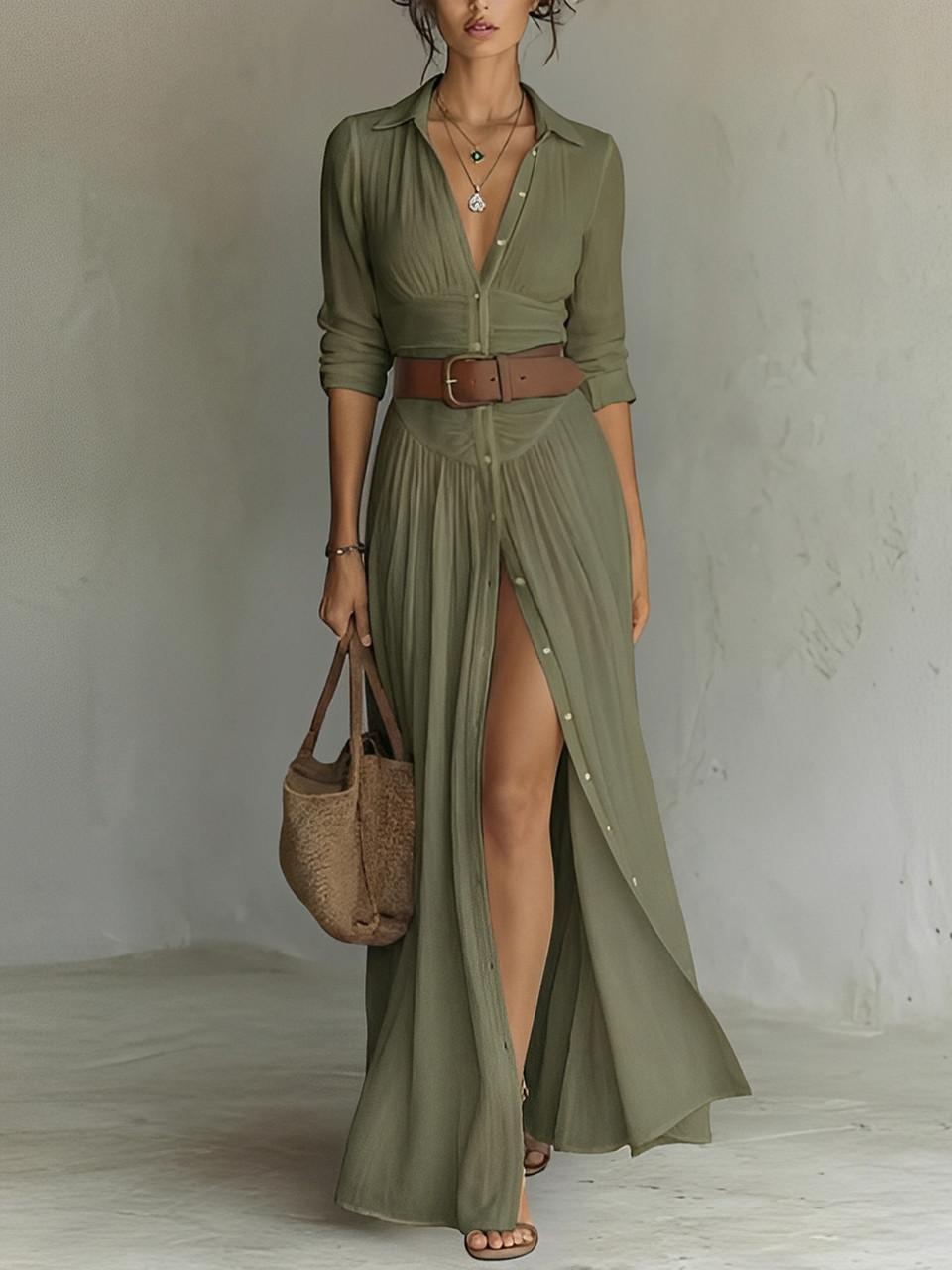 Robe Longue en Lin avec Col à Revers pour Femme | Idéale pour le Printemps