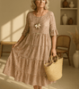 Robe Midi À Manches Évasées À Pois Beige - Emilia Lane