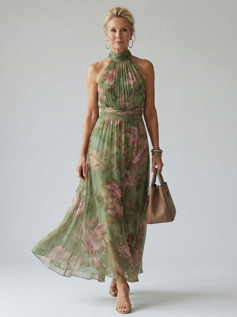 Robe Midi à Taille Cintrée et Col Halter pour Femme - Emilia Lane